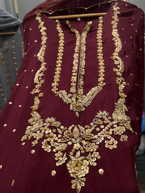 Beautiful rawsilk heavy handwork long neckline kora sabka work