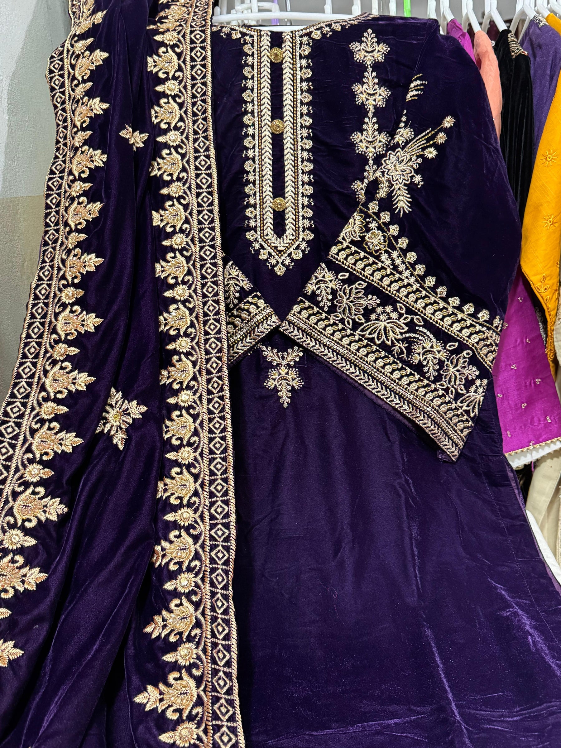 11000’ mirco velvet front embroidered with full embroidered sleeves formal wear.