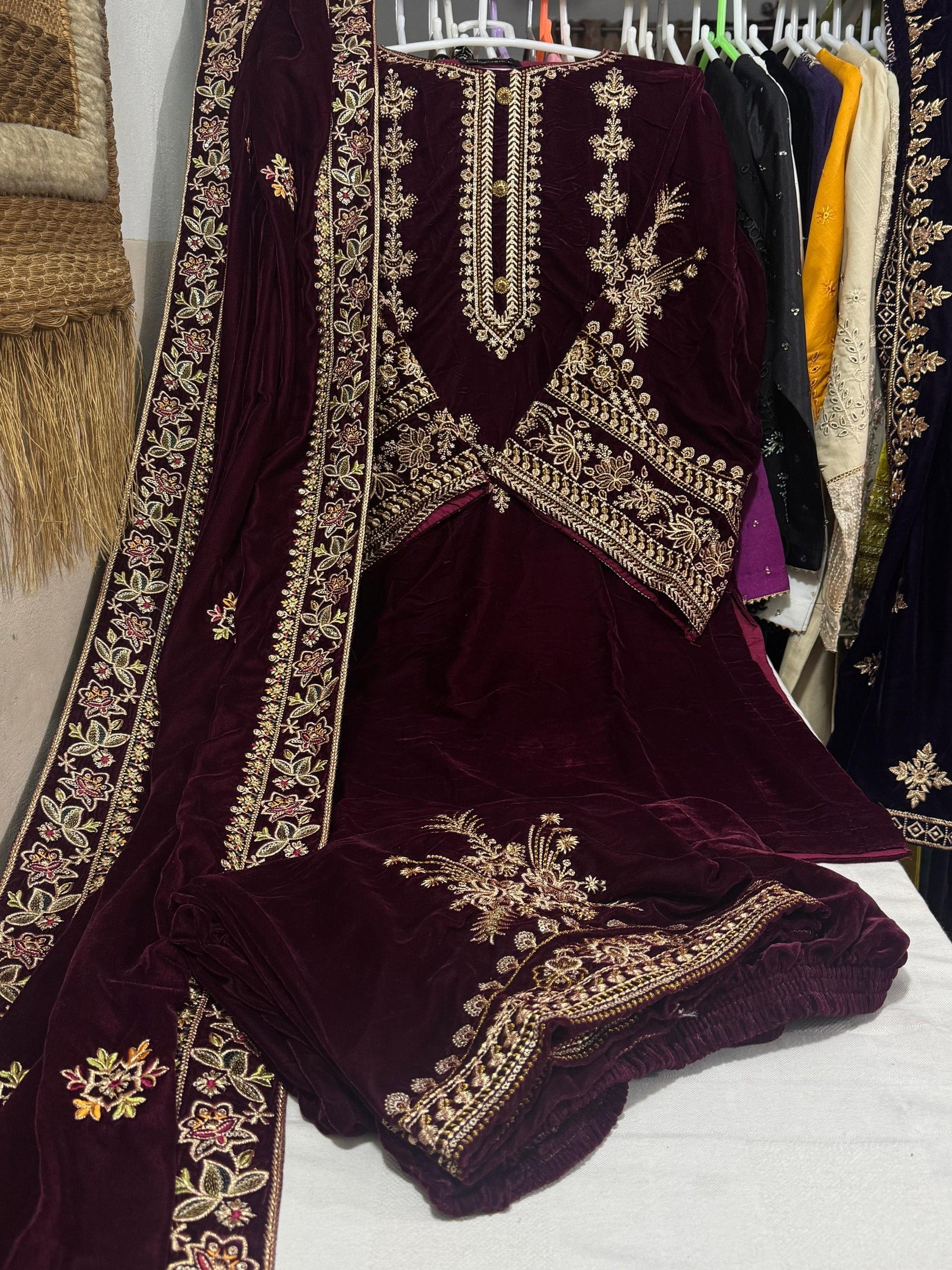 11000’ mirco velvet front embroidered with full embroidered sleeves formal wear.