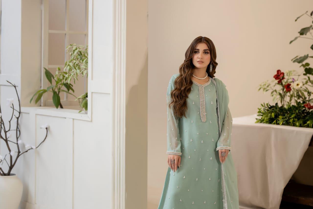 Bamber chiffon pearl work log shirt with 4 side Kiran lace full size dubta