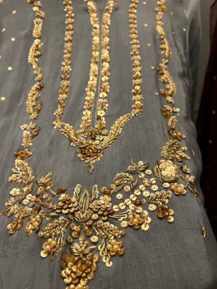 Beautiful rawsilk heavy handwork long neckline kora sabka work - Image 9