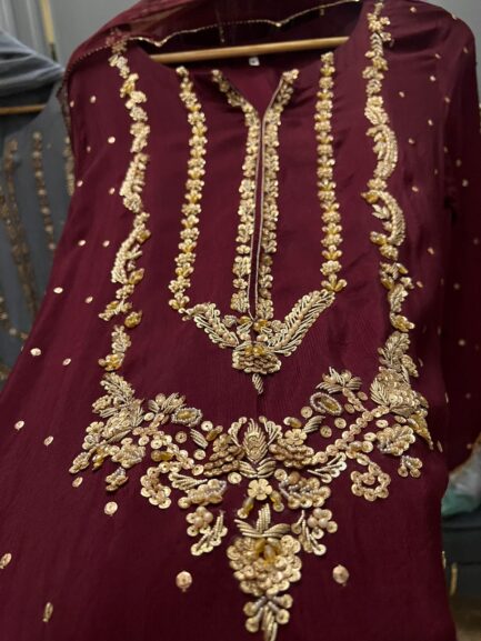 Beautiful rawsilk heavy handwork long neckline kora sabka work - Image 10