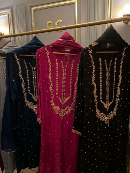 Beautiful rawsilk heavy handwork long neckline kora sabka work - Image 4