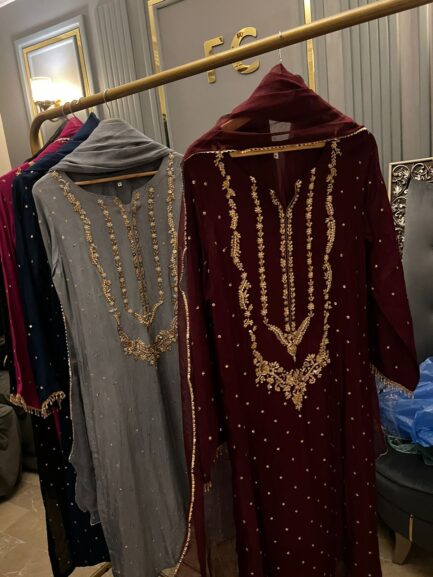 Beautiful rawsilk heavy handwork long neckline kora sabka work - Image 5