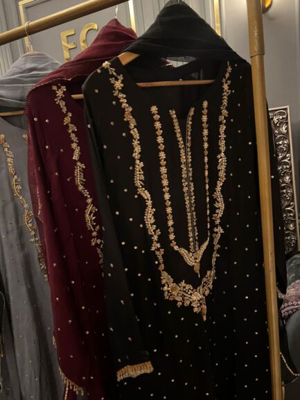 Beautiful rawsilk heavy handwork long neckline kora sabka work - Image 13
