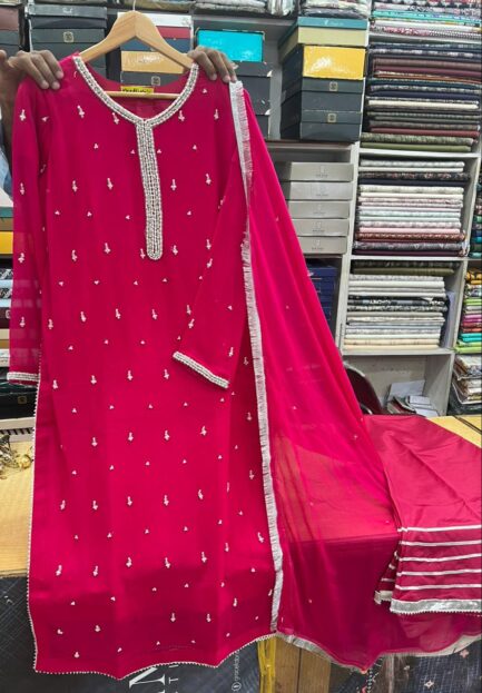 Bamber chiffon pearl work log shirt with 4 side Kiran lace full size dubta - Image 2