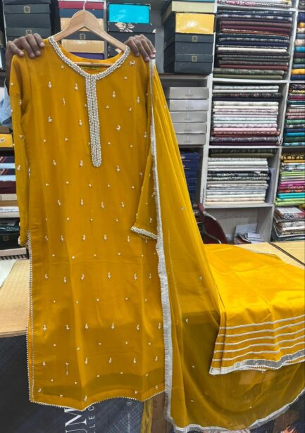 Bamber chiffon pearl work log shirt with 4 side Kiran lace full size dubta - Image 3