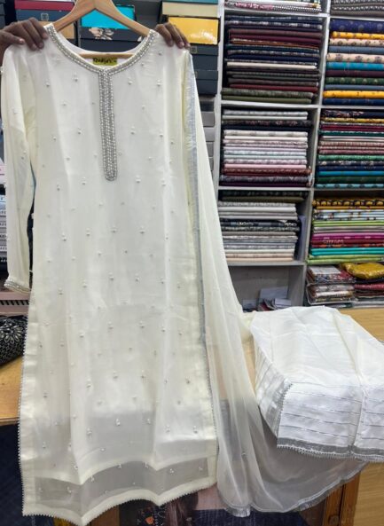 Bamber chiffon pearl work log shirt with 4 side Kiran lace full size dubta - Image 4