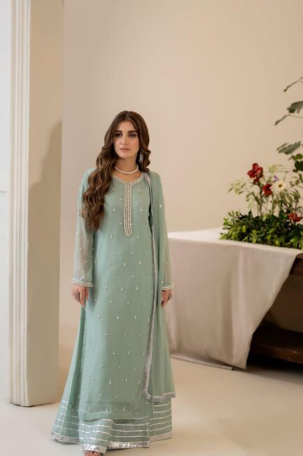 Bamber chiffon pearl work log shirt with 4 side Kiran lace full size dubta - Image 6
