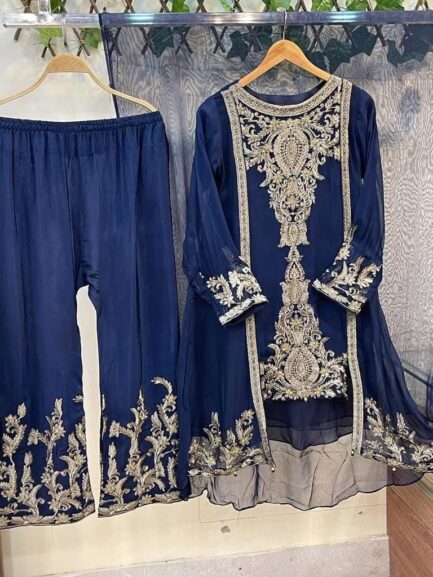 Bamber Shafoon embroidered+hand embelish A line style frock with grip embroidered plazo - Image 3